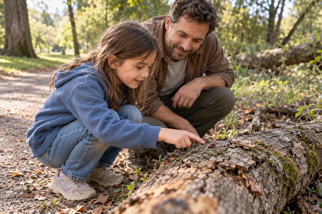 Parent following a child's interest during a relaxed outdoor activity