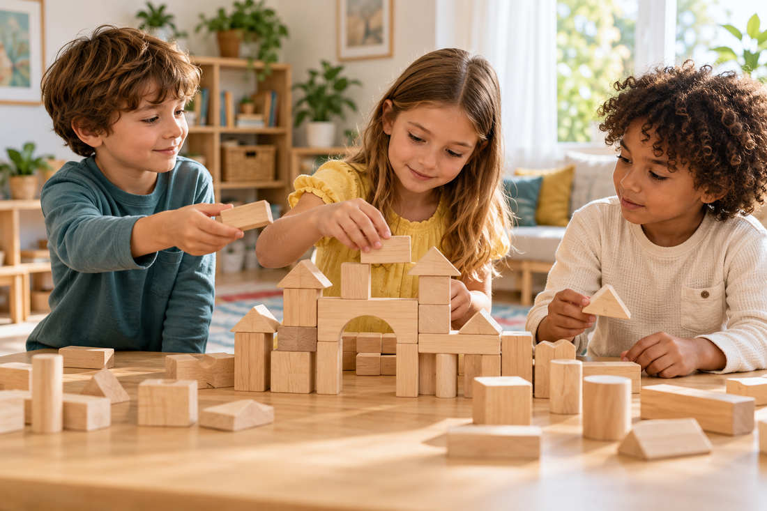 Children working together on a block construction