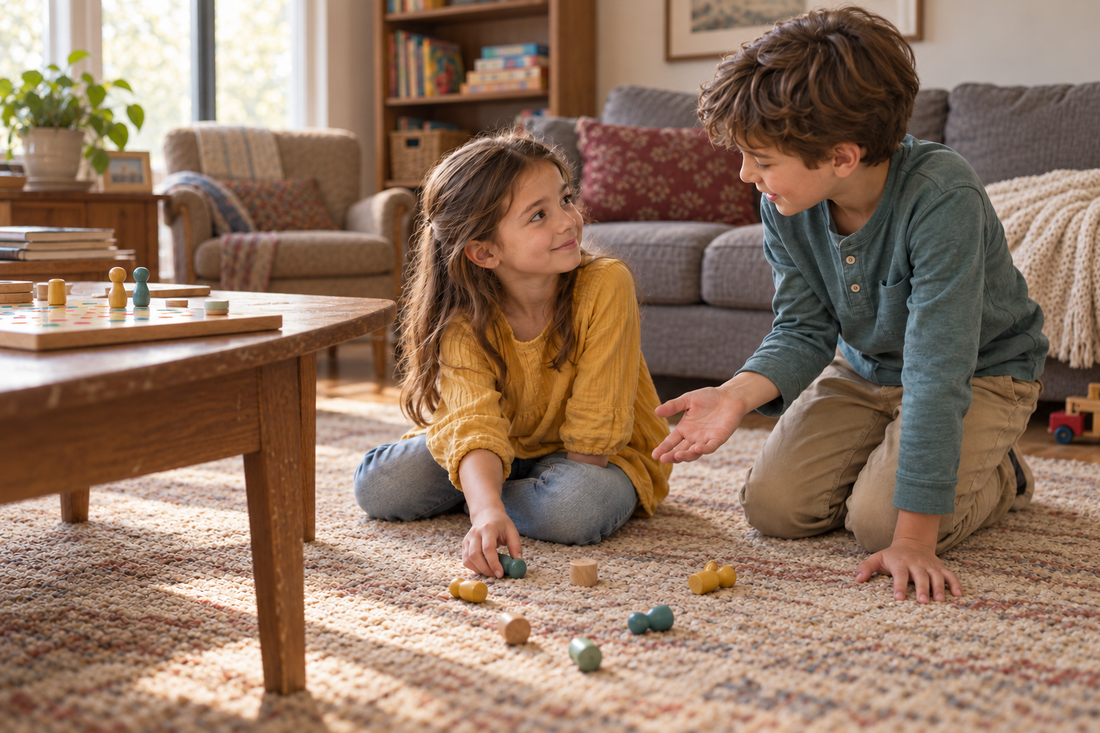 Child offering to help another child collect game pieces