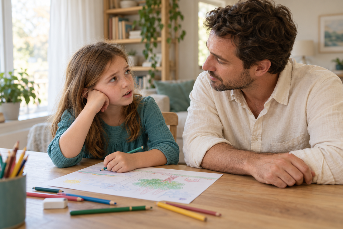 Father listening to his daughter during a drawing activity at home
