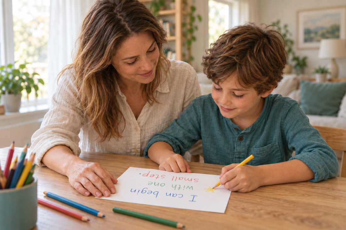 Mother and son making a handwritten affirmation note reading “I can begin with one small step.”