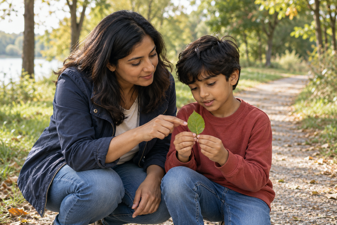 Mother and child examining a leaf together during a walk in the park.