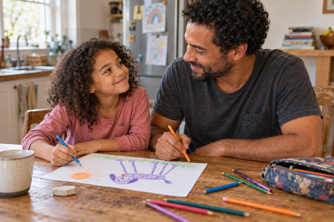 Parent and child sharing a playful moment while making a drawing